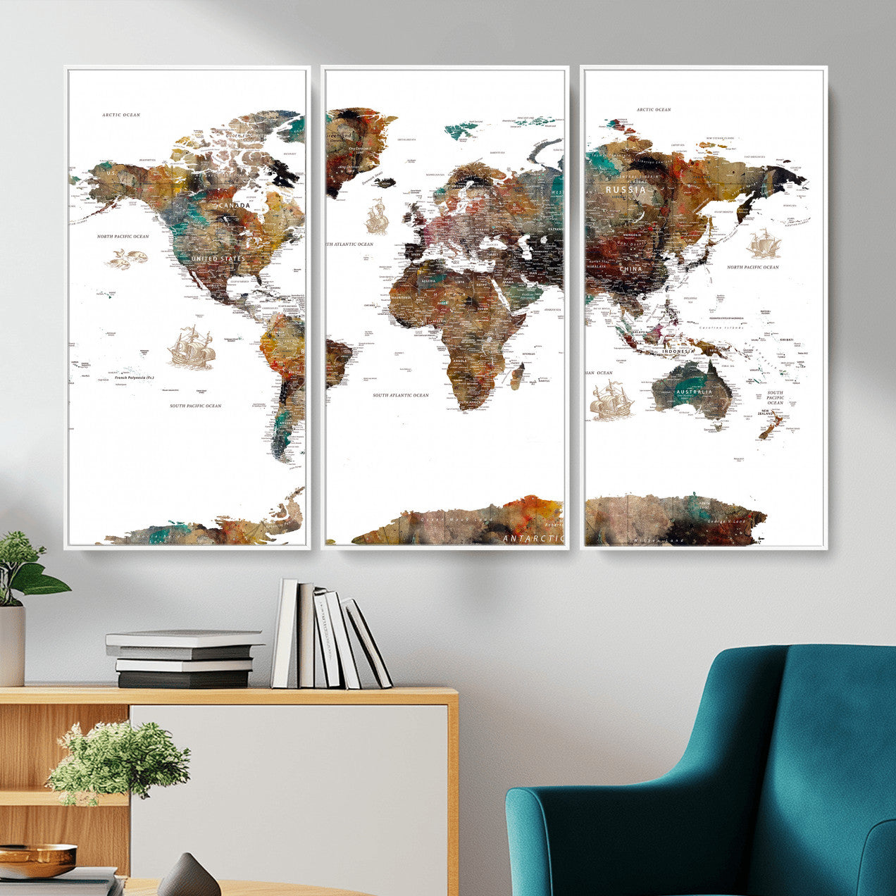 82293175-MGV-CV-36X24 - World Map Wall Art Canvas Print, Modern Decorative Framed Map Artwork Prints for Living Room, Office, Bedroom Wall Decor