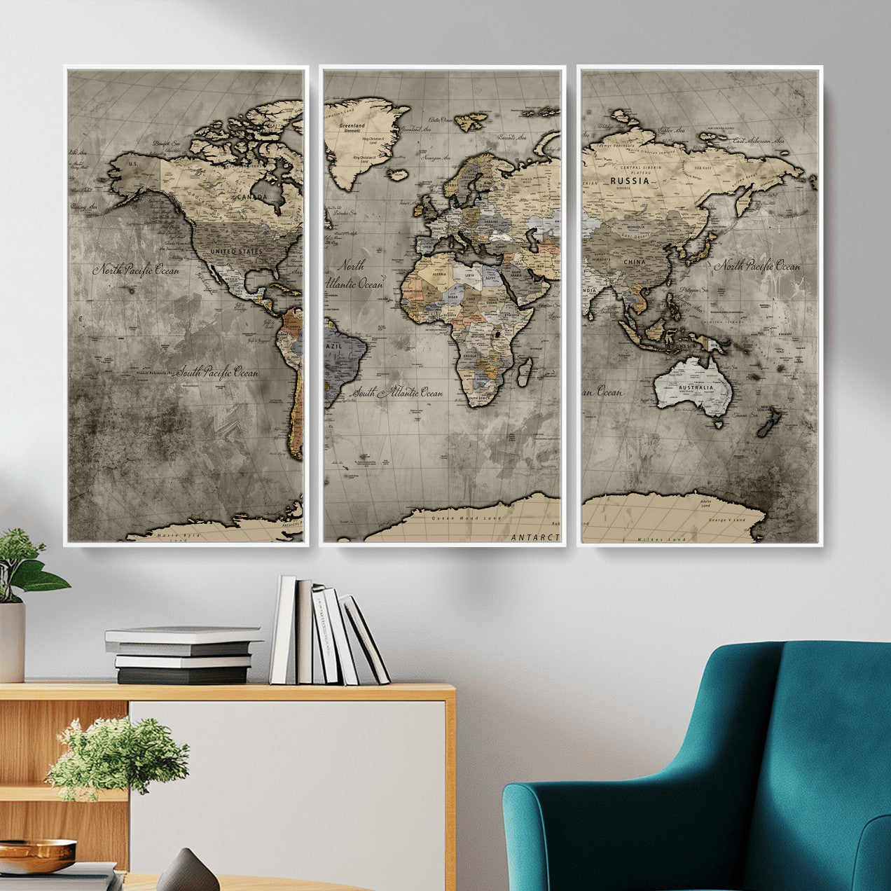 85218700-MGV-CV-36X24 - World Map Wall Art Canvas Print, Modern Decorative Framed Map Artwork Prints for Living Room, Office, Bedroom Wall Decor