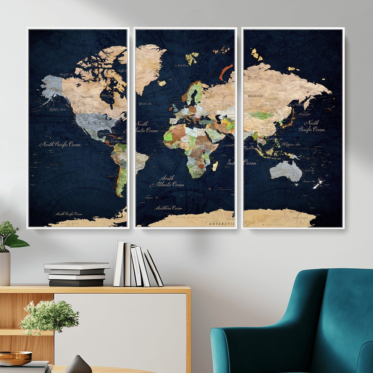 76603563-MGV-CV-36X24 - World Map Wall Art Canvas Print, Modern Decorative Framed Map Artwork Prints for Living Room, Office, Bedroom Wall Decor