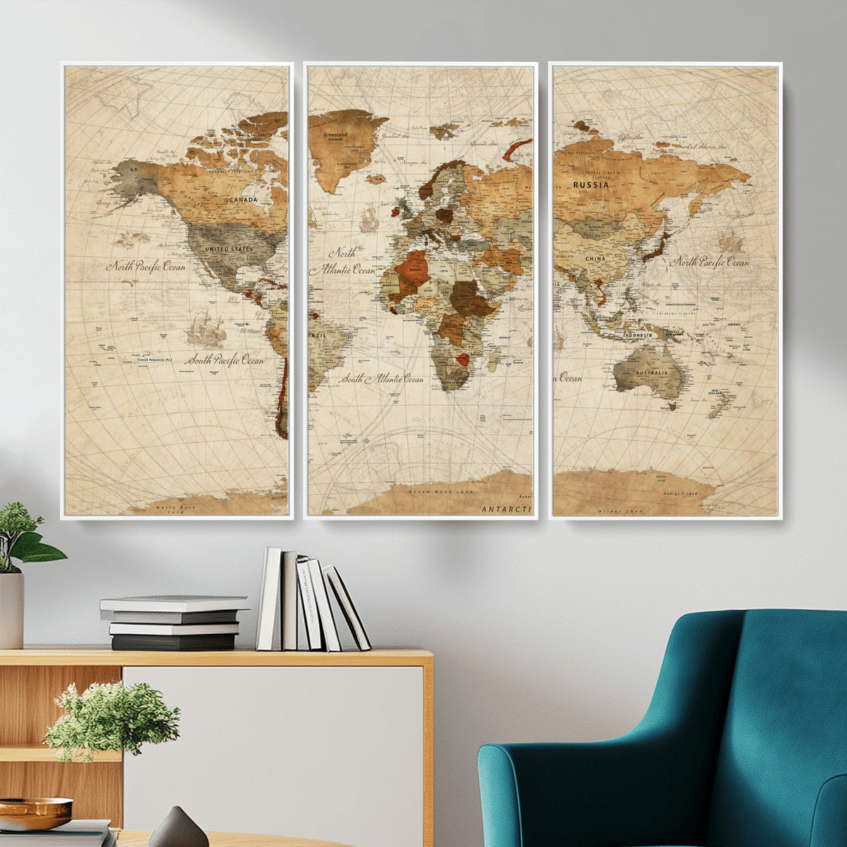 29684537-MGV-CV-36X24 - Vintage World Map Canvas Print, Framed Rustic Detailed Map of the World, Explorer Decor