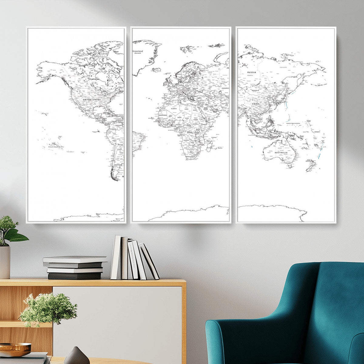 21002736-MGV-CV-36X24 - World Map Canvas Print, Framed Modern Detailed Map of the World for Home or Office