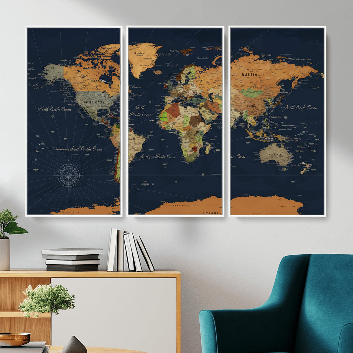 11715182-MGV-CV-36X24 - Modern World Map Canvas Print, Framed Detailed Map of the World Wall Art