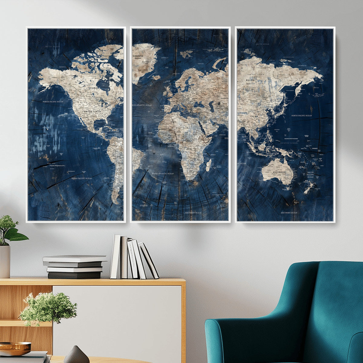 56126010-MGV-CV-36X24 - Large Blue World Map Wall Art Canvas Print for Home Office