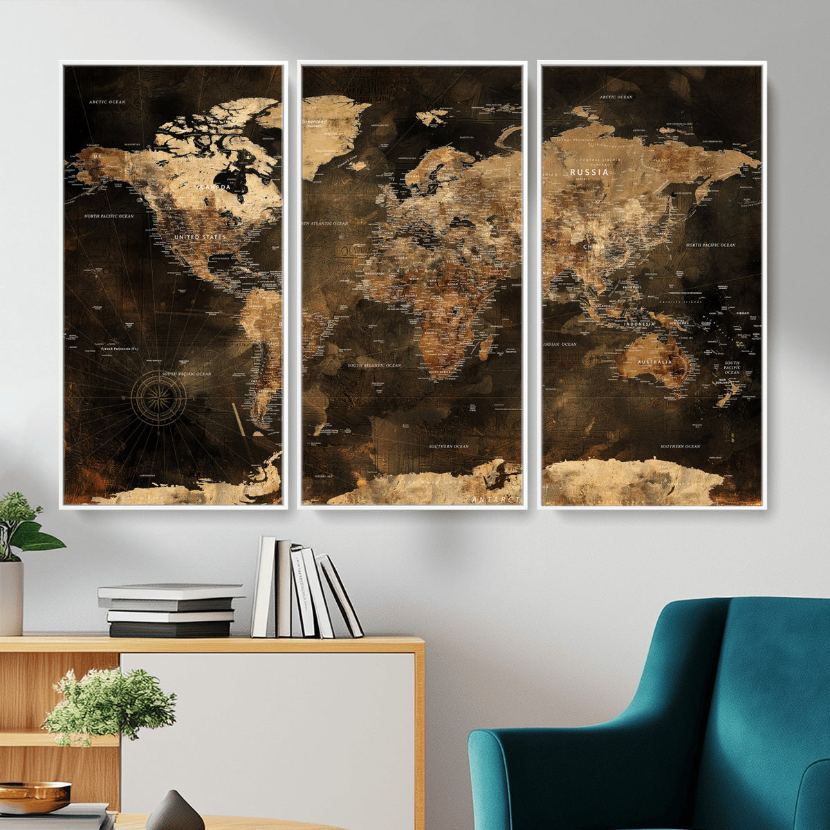 97742922-MGV-CV-36X24 - World Map Canvas Print, Modern Decorative Framed Map Artwork
