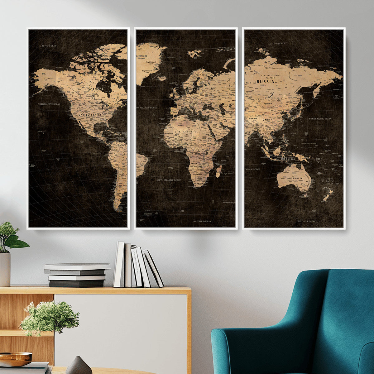 15118265-MGV-CV-36X24 - Brown World Map Canvas Print | Modern Travel Map Wall Art