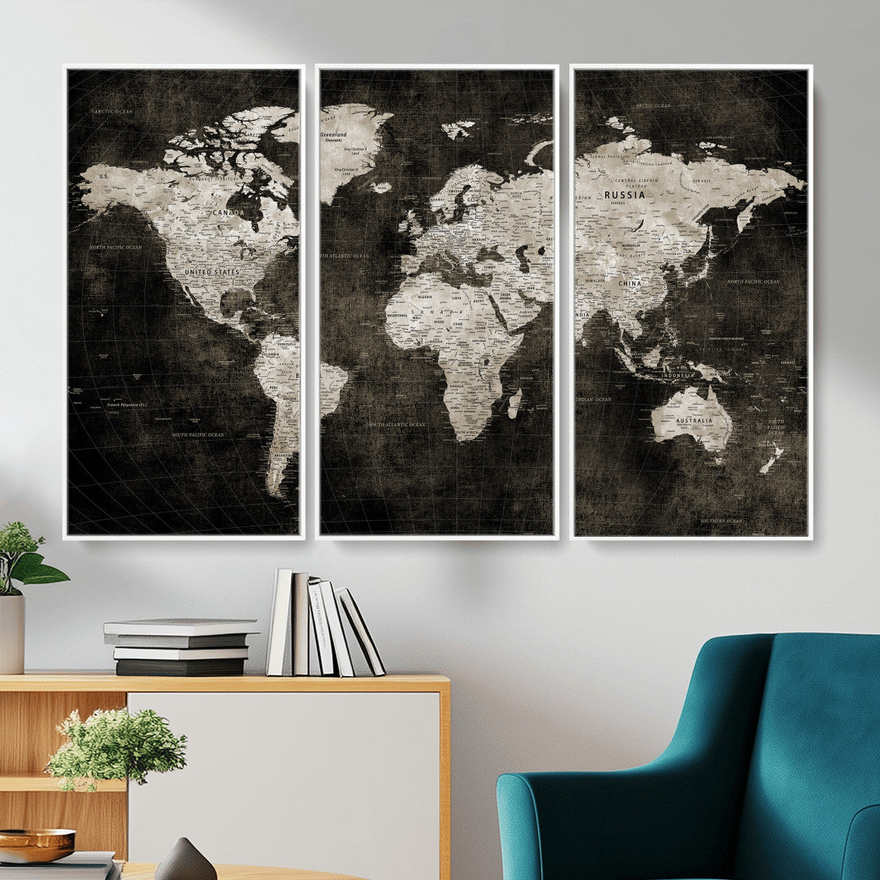 94581666-MGV-CV-36X24 - World Map Wall Art Canvas Print, Modern Decorative Framed Map Artwork Prints for Living Room, Office, Bedroom Wall Decor