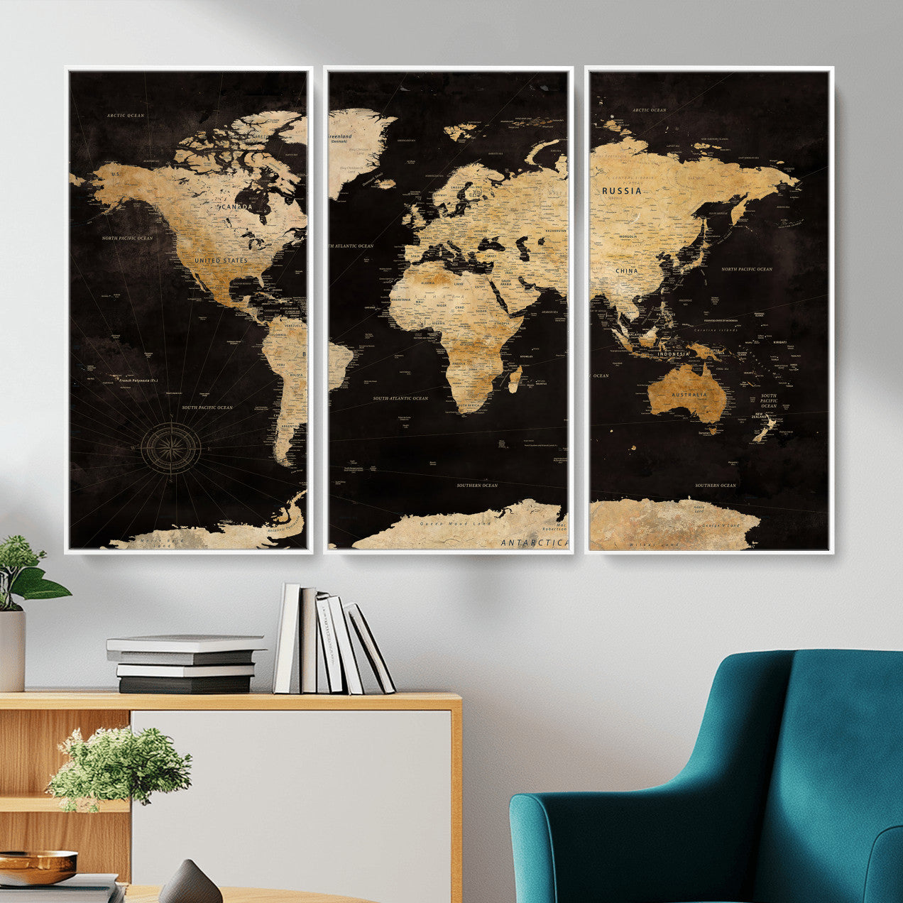 70468159-MGV-CV-36X24 - World Map Wall Art Canvas Print, Modern Decorative Framed Map Artwork Prints for Living Room, Office, Bedroom Wall Decor