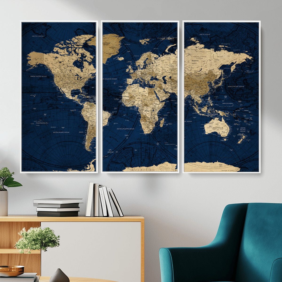 54770746-MGV-CV-36X24 - Navy Blue World Map Canvas Print – Detailed Map Minimal Navy