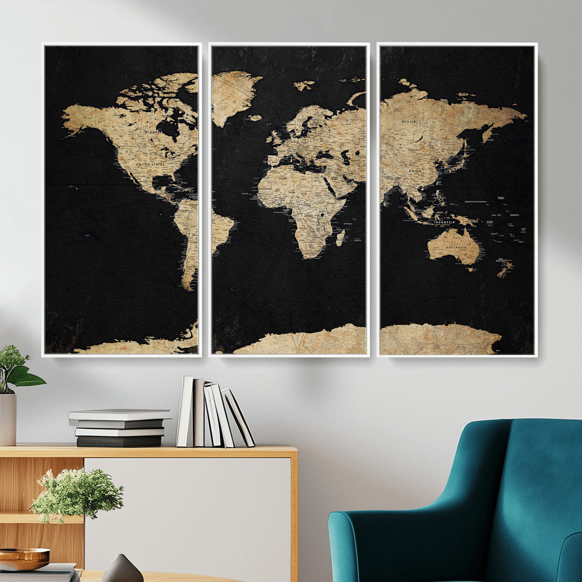 71518849-MGV-CV-36X24 - Beige World Map Canvas Wall Art Print, Minimal Black and
