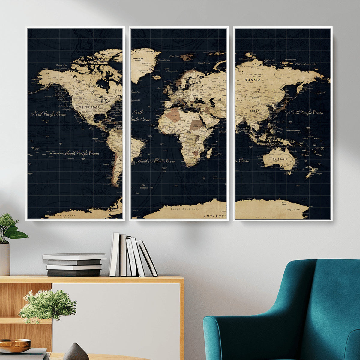 45063434-MGV-CV-36X24 - Dark World Map Canvas Wall Art Print, Minimal Black and Gold Map