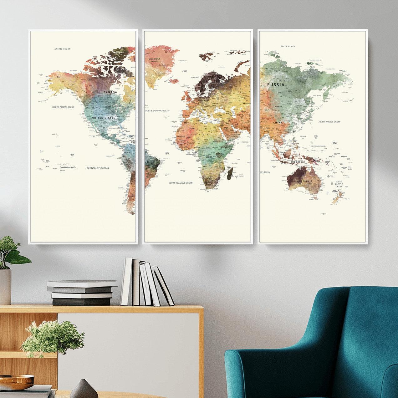 64206059-MGV-CV-36X24 - World Map Wall Art Canvas Print, Modern Decorative Framed Map Artwork Prints for Living Room, Office, Bedroom Wall Decor