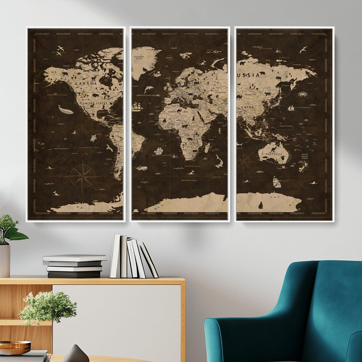 44276398-MGV-CV-36X24 - World Map Wall Art Canvas Print, Modern Decorative Framed Map Artwork Prints for Living Room, Office, Bedroom Wall Decor