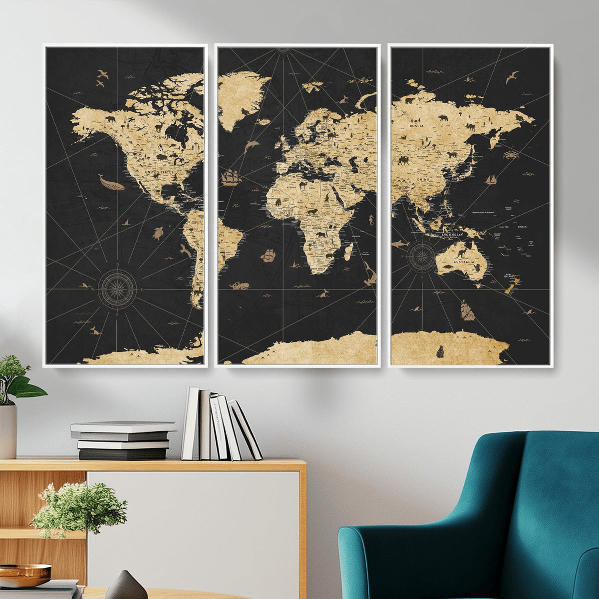 80270976-MGV-CV-36X24 - World Map Wall Art Canvas Print, Modern Decorative Framed Map Artwork Prints for Living Room, Office, Bedroom Wall Decor