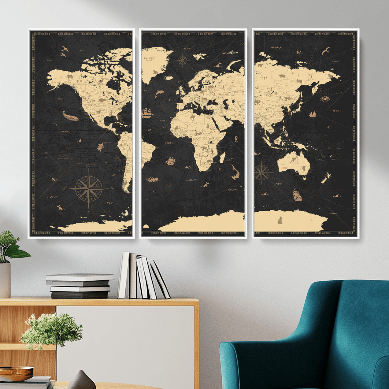 75220264-MGV-CV-36X24 - World Map Wall Art Canvas Print, Modern Decorative Framed Map Artwork Prints for Living Room, Office, Bedroom Wall Decor