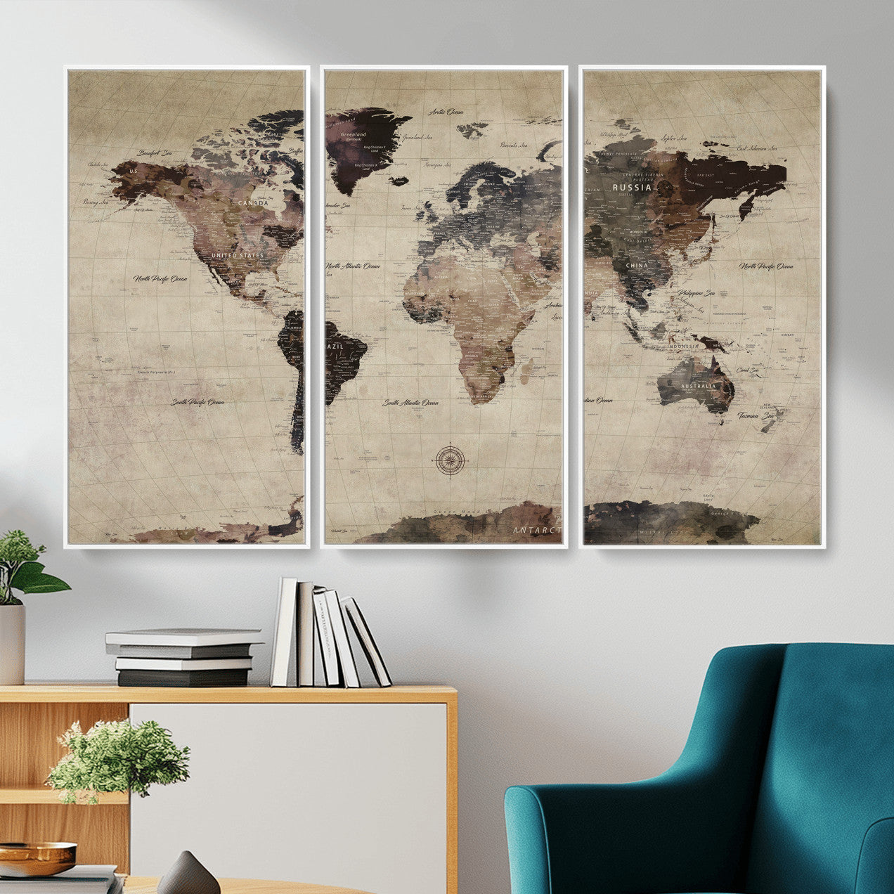 60560672-MGV-CV-36X24 - World Map Wall Art Canvas Print, Modern Decorative Framed Map Artwork Prints for Living Room, Office, Bedroom Wall Decor