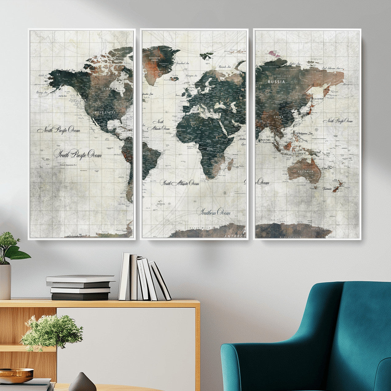 91179593-MGV-CV-36X24 - World Map Wall Art Canvas Print, Modern Decorative Framed Map Artwork Prints for Living Room, Office, Bedroom Wall Decor