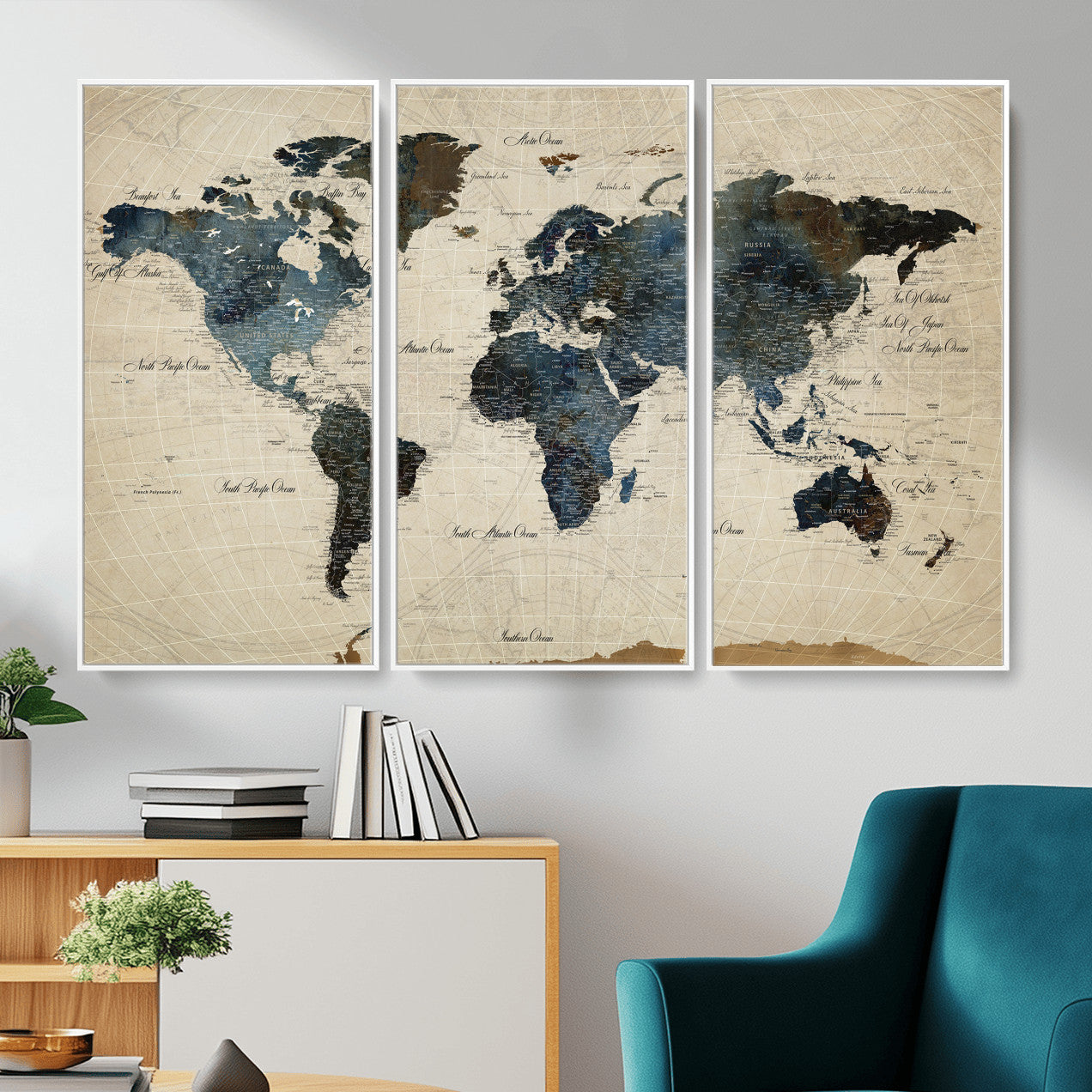 72927803-MGV-CV-36X24 - World Map Wall Art Canvas Print, Modern Decorative Framed Map Artwork Prints for Living Room, Office, Bedroom Wall Decor