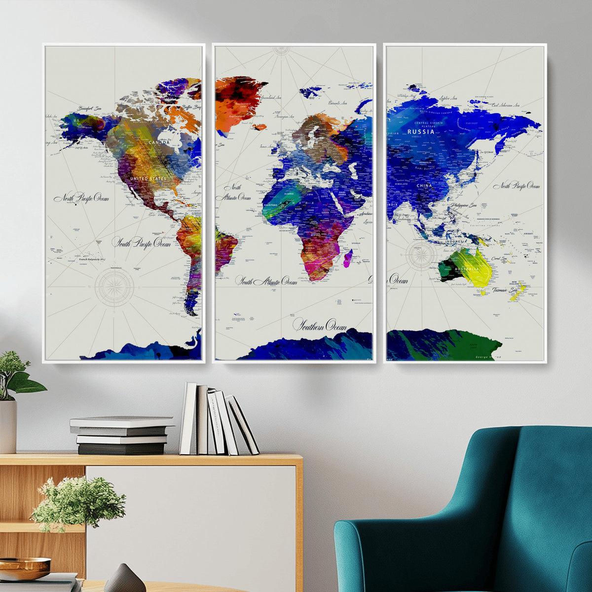 49670038-MGV-CV-36X24 - World Map Wall Art Canvas Print, Modern Decorative Framed Map Artwork Prints for Living Room, Office, Bedroom Wall Decor