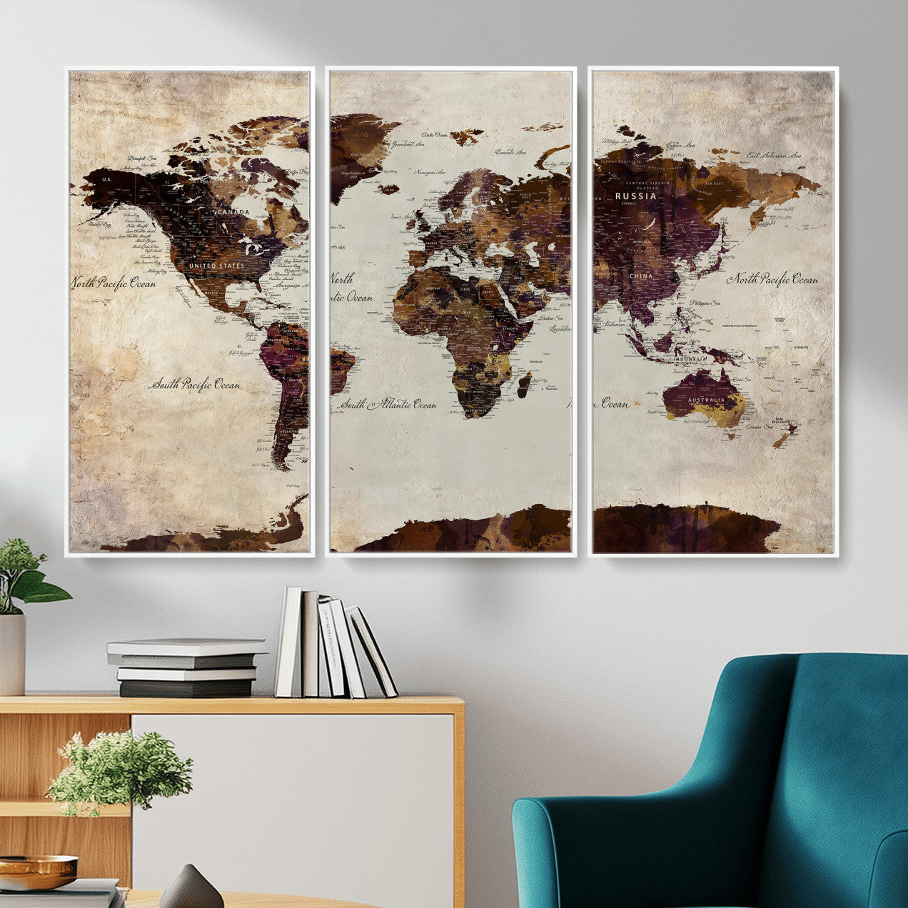 50611123-MGV-CV-36X24 - World Map Canvas Triptych – Colorful Global Wall Art for Living Rooms, Offices, and Study Spaces