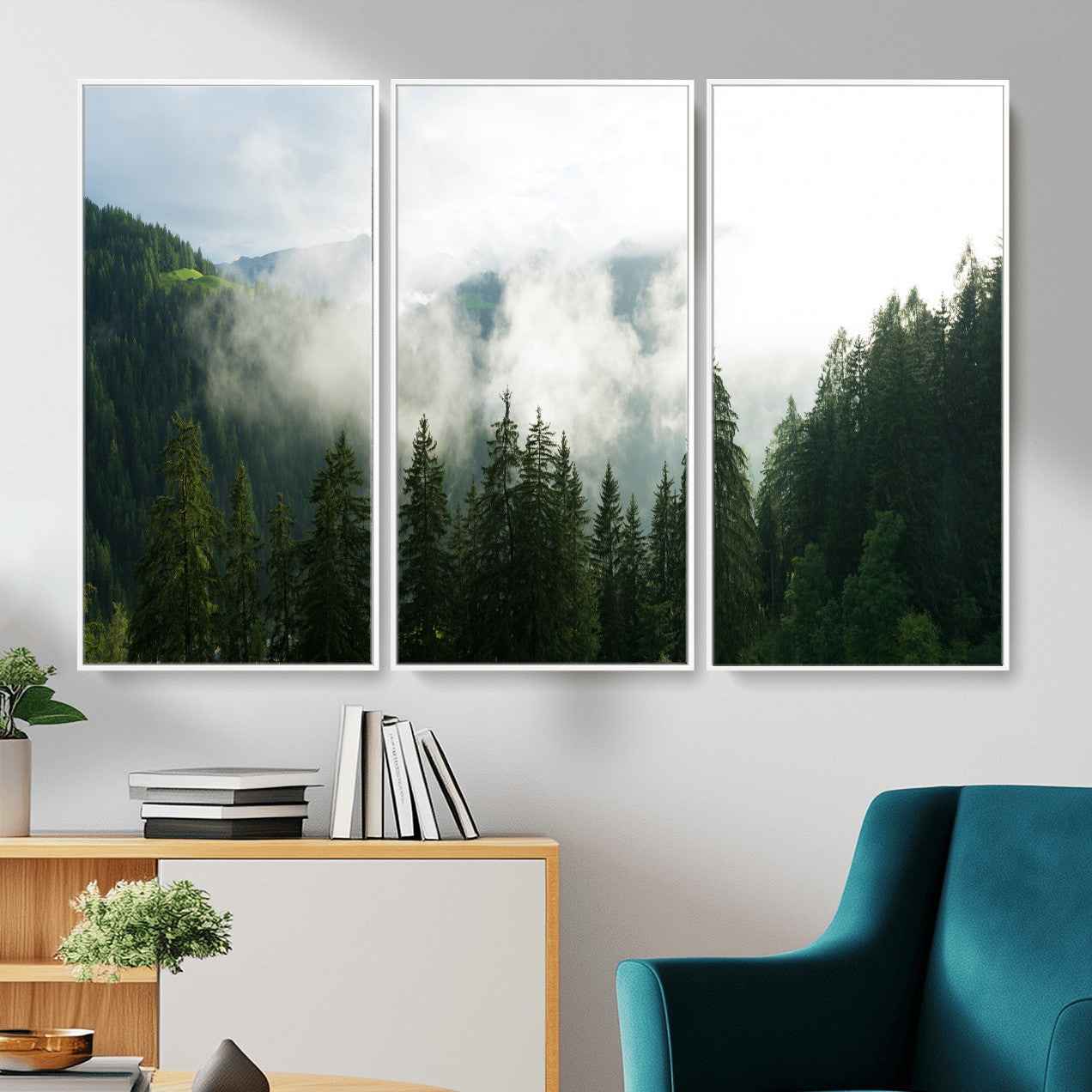 67174129-MGV-CV-36X24 - Misty Mountain Forest Canvas Print, Foggy Pine Trees Nature Wall Art, Framed Canvas Ready to Hang