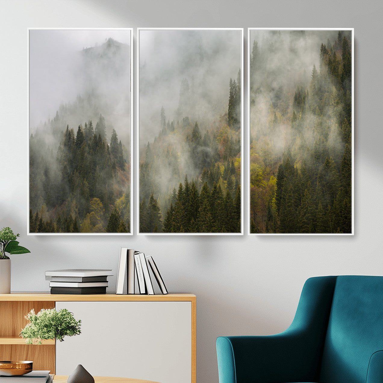 31152954-MGV-CV-36X24 - Misty Mountain Forest Canvas Print, Foggy Pine Trees Nature Wall Art, Framed Canvas Ready to Hang