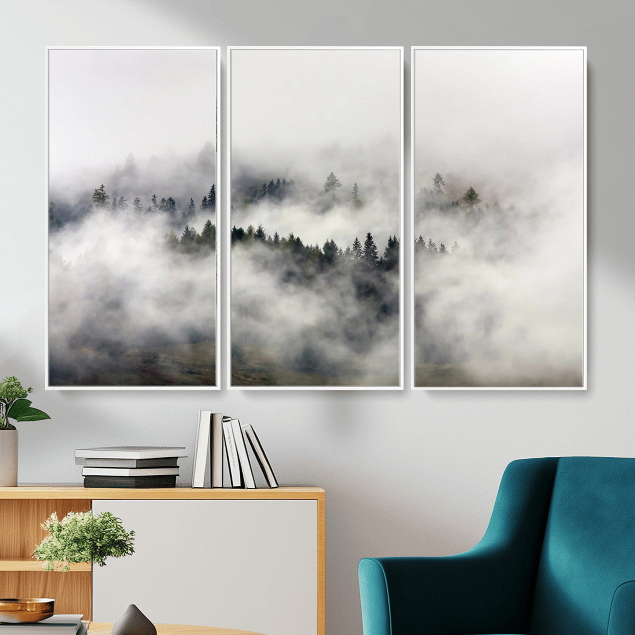 63235457-MGV-CV-36X24 - Foggy Forest Wall Art Canvas Print, Misty Pine Tree Landscape Wall Art Print, Framed Wall Art Ready to Hang
