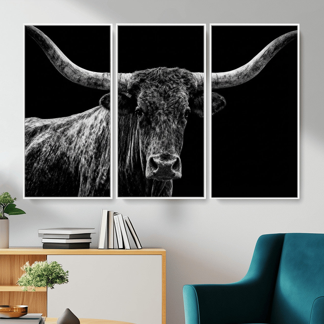 86568508-MGV-CV-36X24 - Vintage Texas Longhorn Bull Wall Art Canvas Print, Texas Cow Portrait Print, Framed Bull Wall Art Ready to Hang
