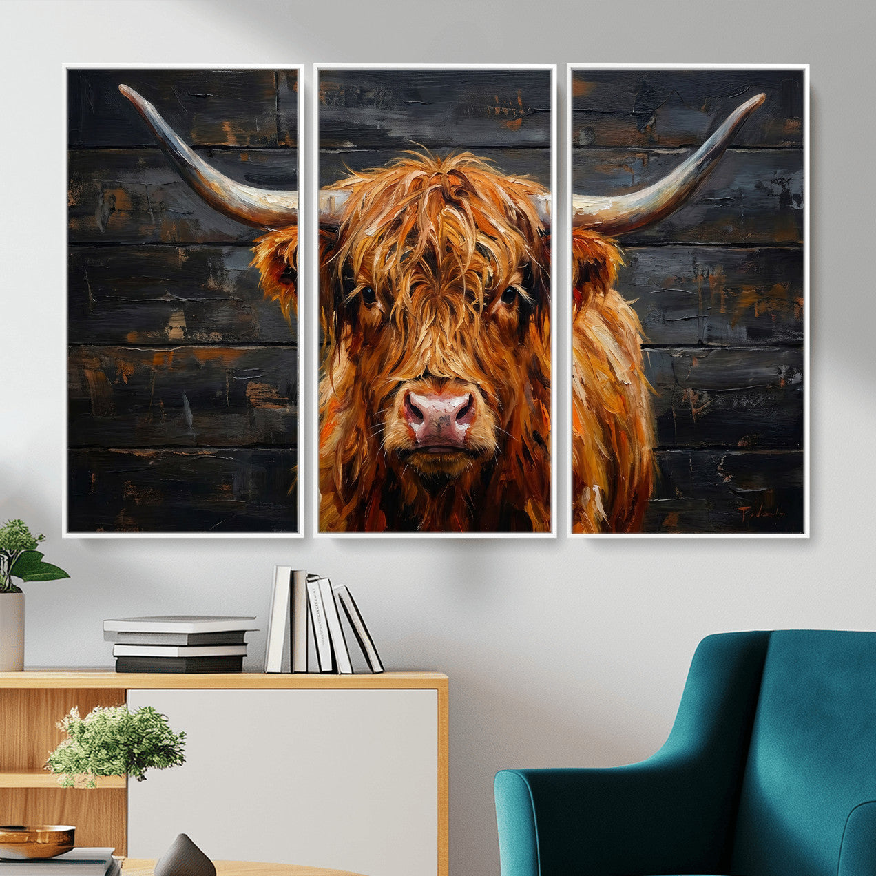 32536611-MGV-CV-36X24 - Highland Cow Wall Art Canvas Print, Rustic Farm Animal Painting, Framed Wall Art Ready to Hang