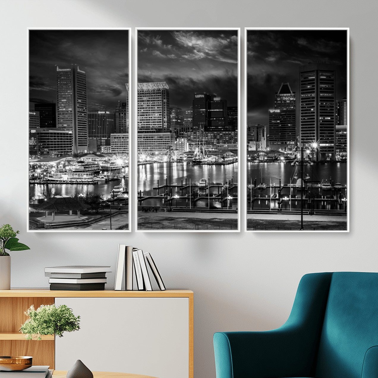 79755655-MGV-CV-36X24 - Baltimore Skyline Wall Art Canvas Print, Baltimore Downtown Night Cityscape Print for Modern Urban Wall Decor