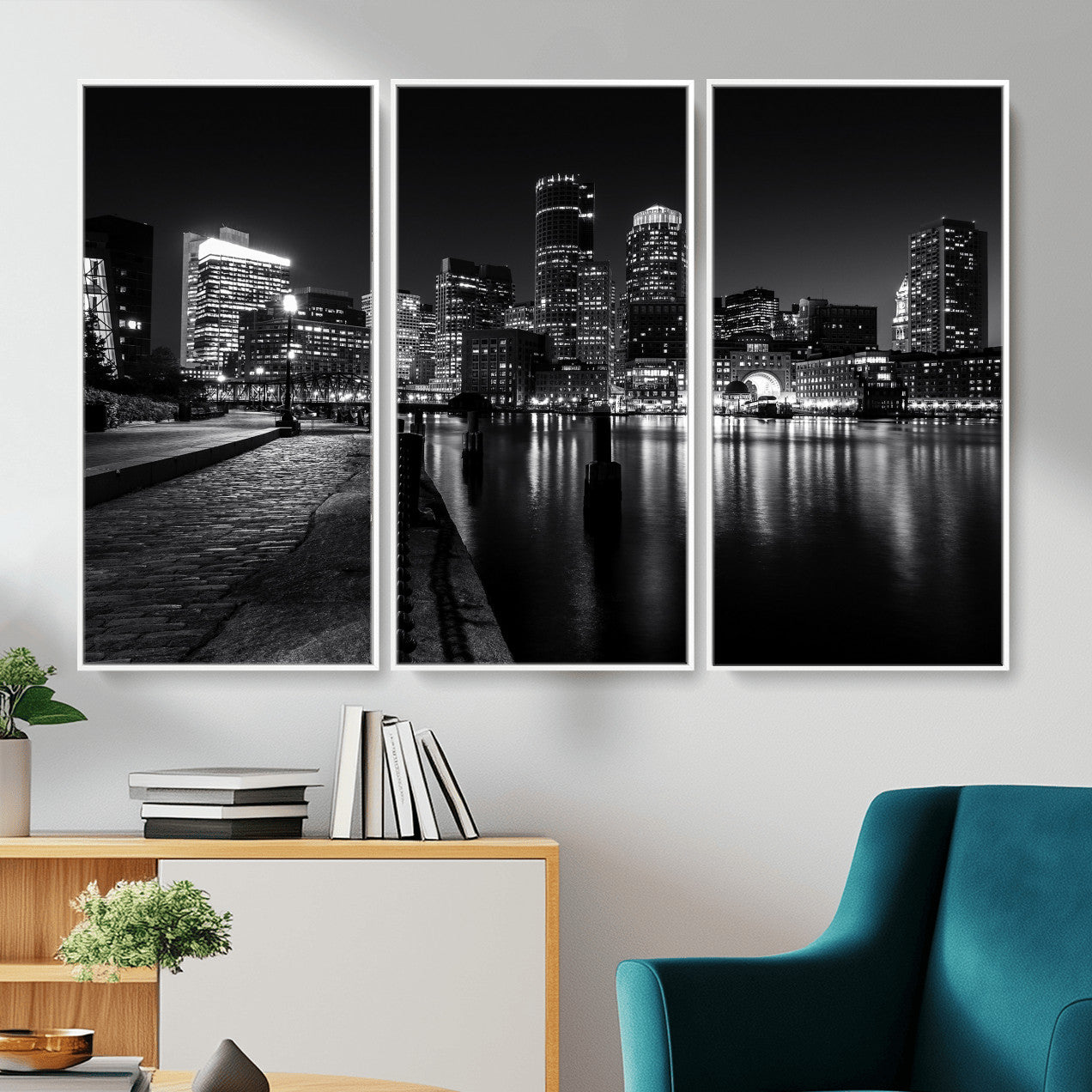53082656-MGV-CV-36X24 - Boston Wall Art Canvas Print, Boston City Downtown Night Cityscape Print for Modern Urban Wall Decor