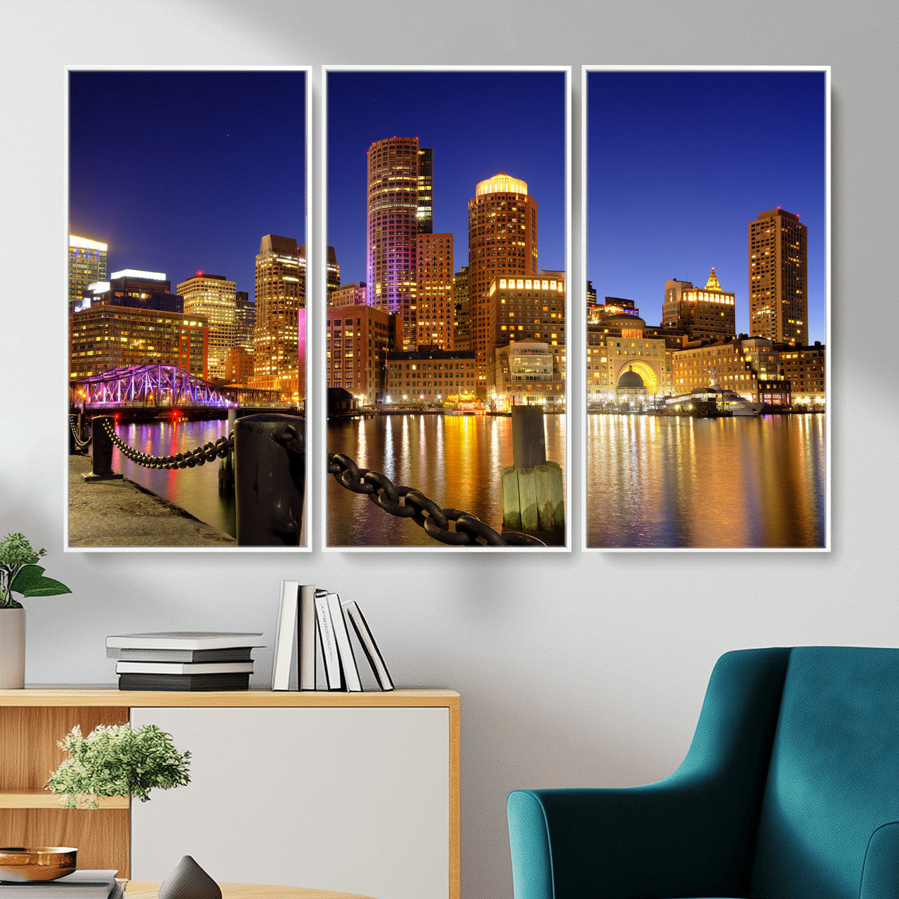 56611117-MGV-CV-36X24 - Boston Wall Art Canvas Print, Boston City Downtown Night Cityscape Print for Modern Urban Wall Decor