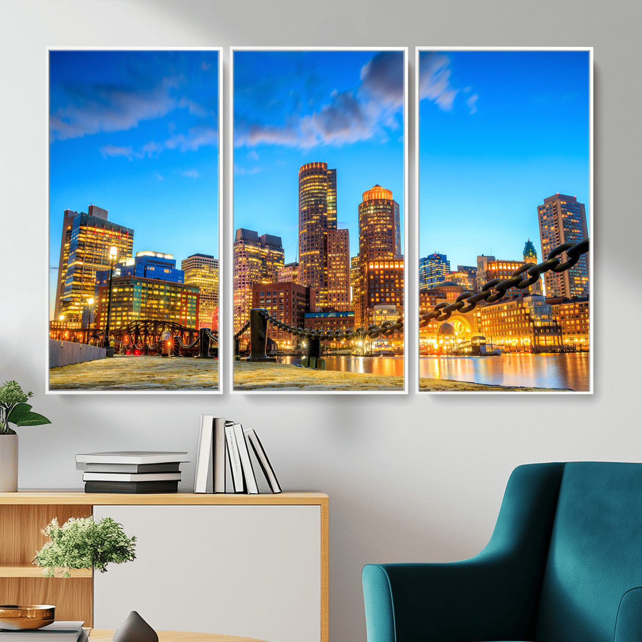46736409-MGV-CV-36X24 - Boston Wall Art Canvas Print, Boston City Downtown Night Cityscape Print for Modern Urban Wall Decor