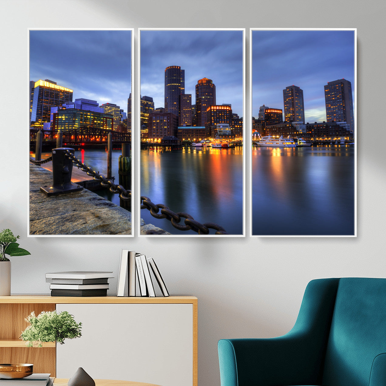 82439622-MGV-CV-36X24 - Boston Wall Art Canvas Print, Boston City Downtown Night Cityscape Print for Modern Urban Wall Decor