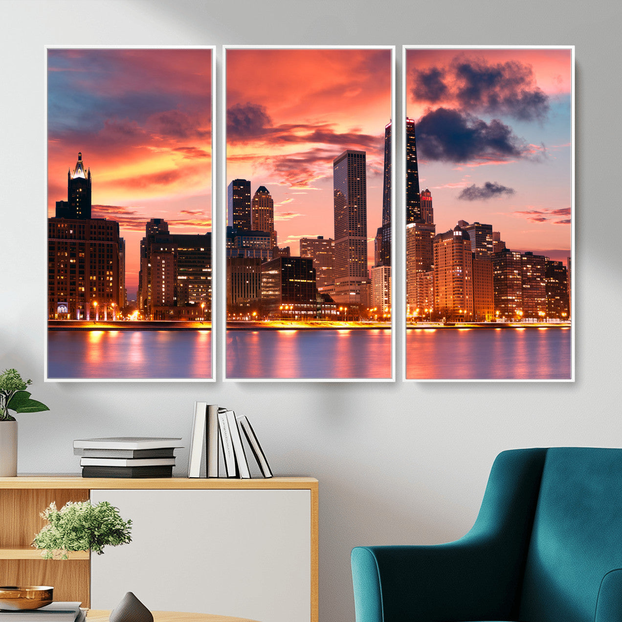 80390109-MGV-CV-36X24 - Chicago Wall Art Canvas Print, Chicago City Downtown Night Cityscape Print for Modern Urban Wall Decor