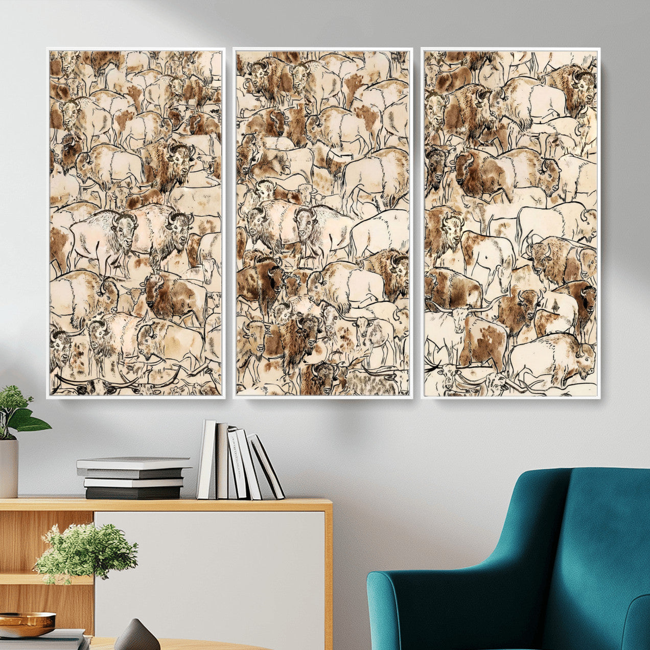 50142019-MGV-CV-36X24 - Farmhouse Animals Wall Art Canvas Print - Abstract Farm Animal Drawing Mid-Century Wall Art for Cabin Decor
