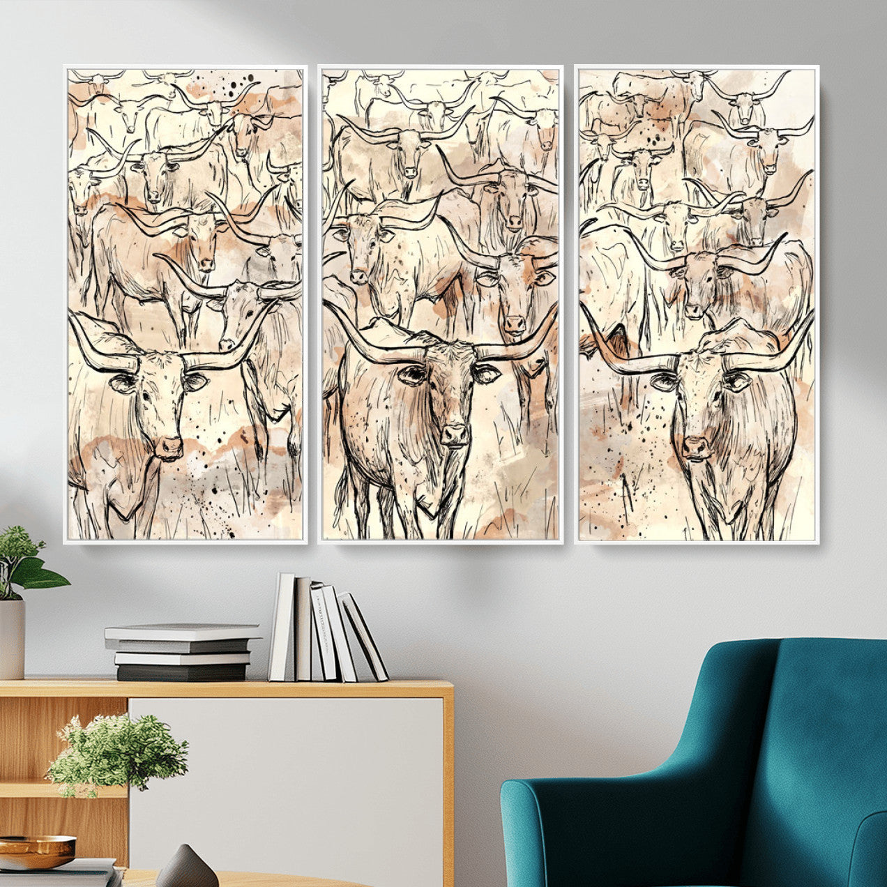 94055403-MGV-CV-36X24 - Farmhouse Animals Wall Art Canvas Print - Abstract Farm Animal Drawing Mid-Century Wall Art for Cabin Decor