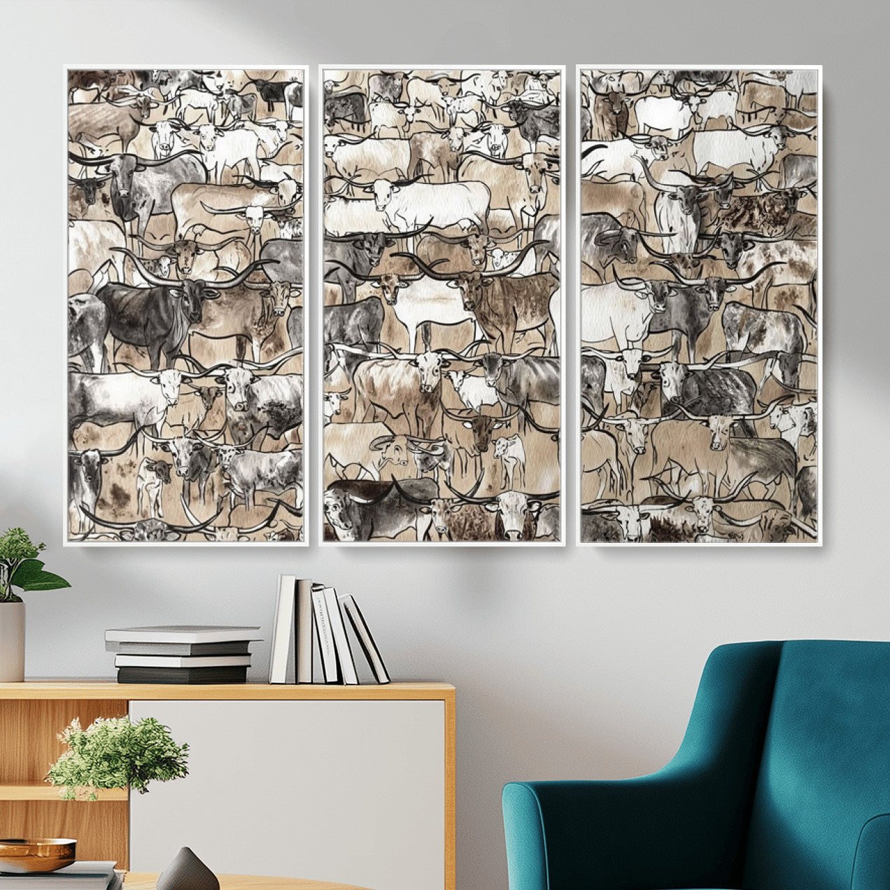 64368752-MGV-CV-36X24 - Farmhouse Animals Wall Art Canvas Print - Abstract Farm Animal Drawing Mid-Century Wall Art for Cabin Decor