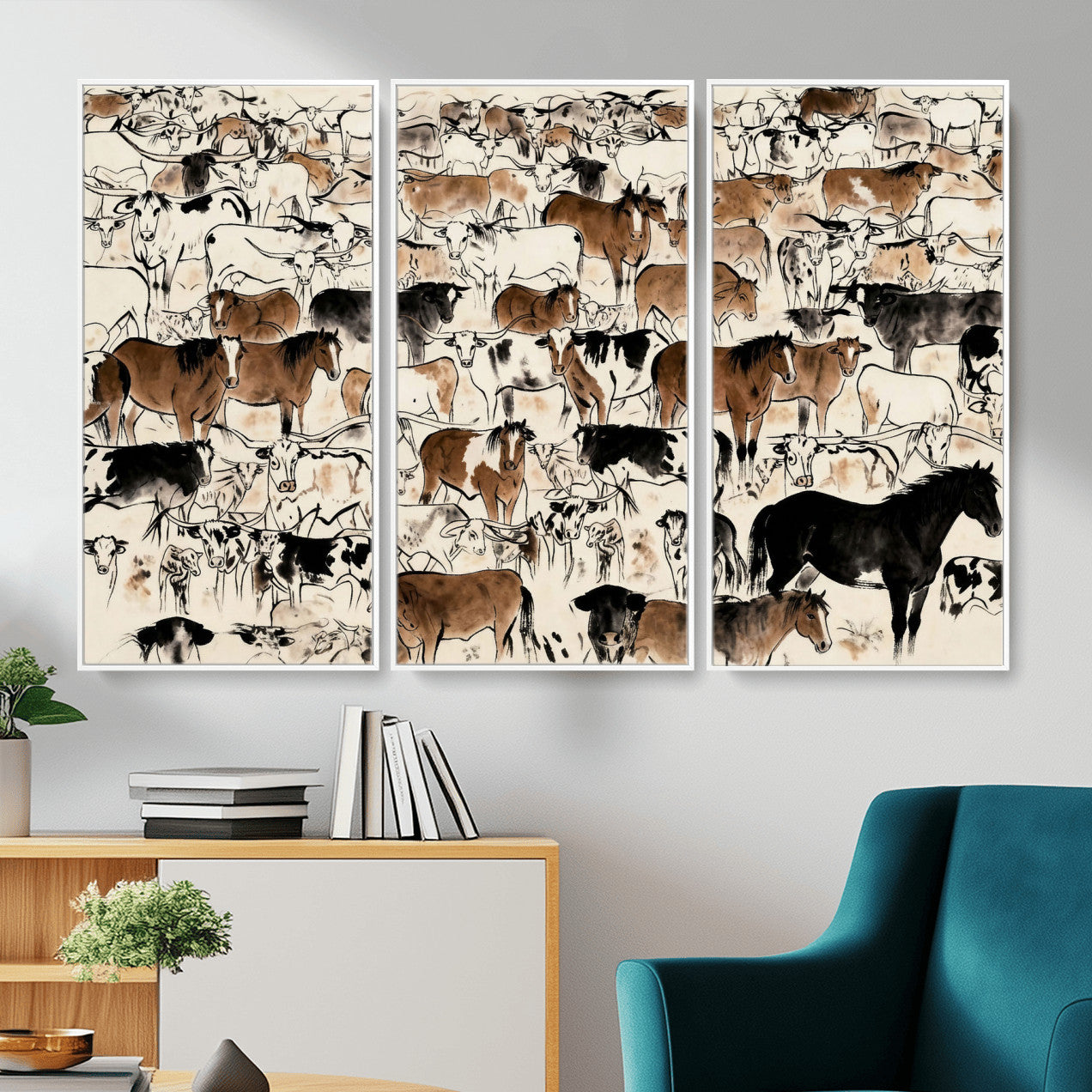 86150485-MGV-CV-36X24 - Farmhouse Animals Wall Art Canvas Print - Abstract Farm Animal Drawing Mid-Century Wall Art for Cabin Decor