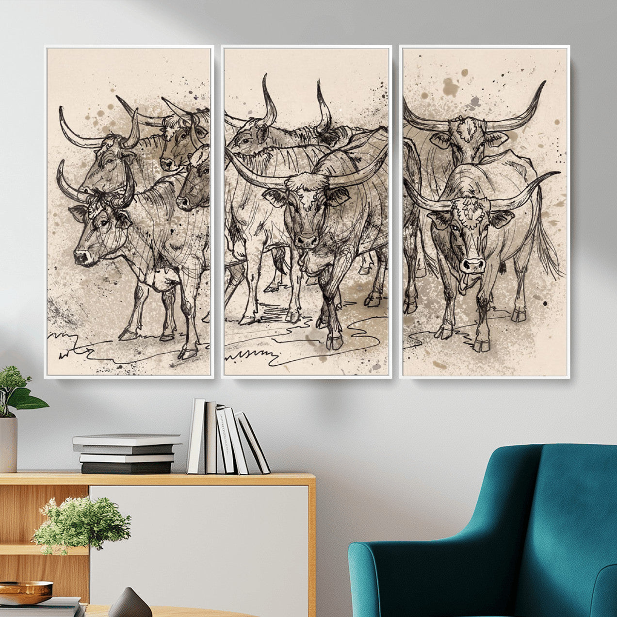 74232558-MGV-CV-36X24 - Farmhouse Animals Wall Art Canvas Print - Abstract Farm Animal Drawing Mid-Century Wall Art for Cabin Decor