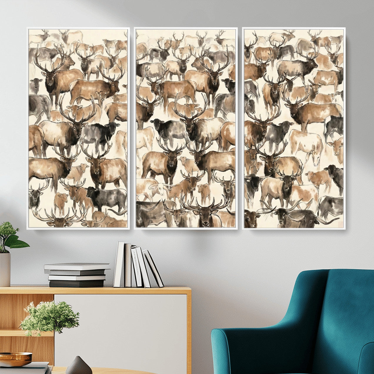 24374881-MGV-CV-36X24 - Farmhouse Animals Wall Art Canvas Print - Abstract Farm Animal Drawing Mid-Century Wall Art for Cabin Decor