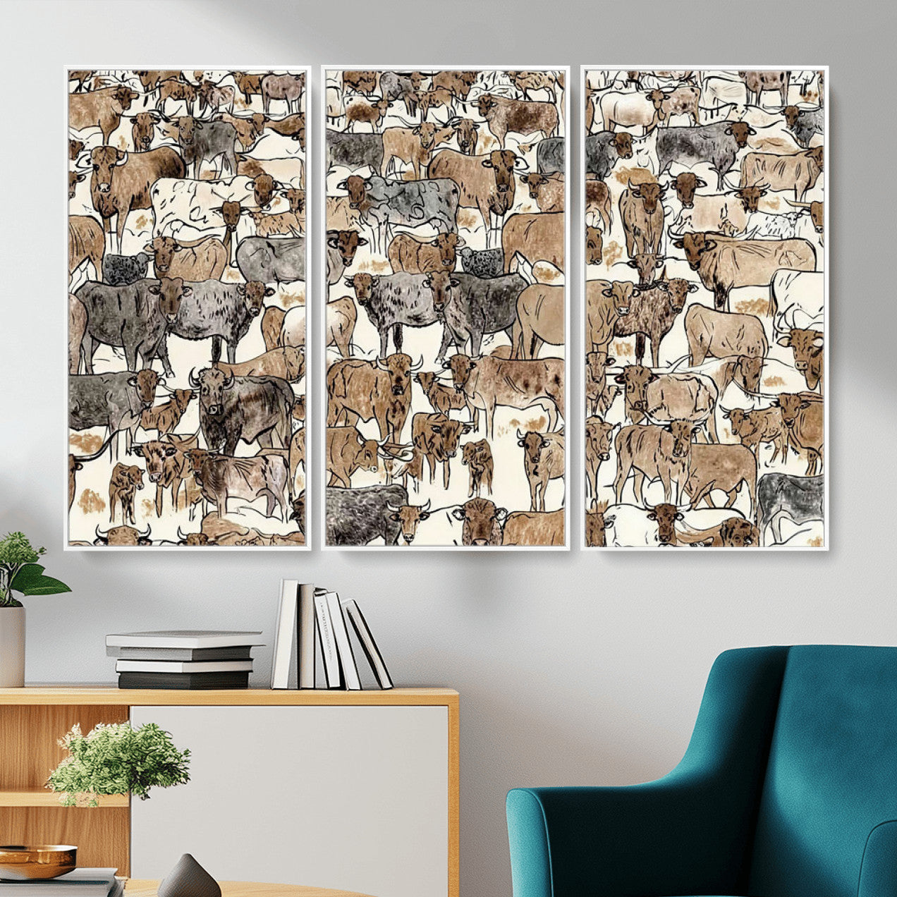 76902119-MGV-CV-36X24 - Farmhouse Animals Wall Art Canvas Print - Abstract Farm Animal Drawing Mid-Century Wall Art for Cabin Decor