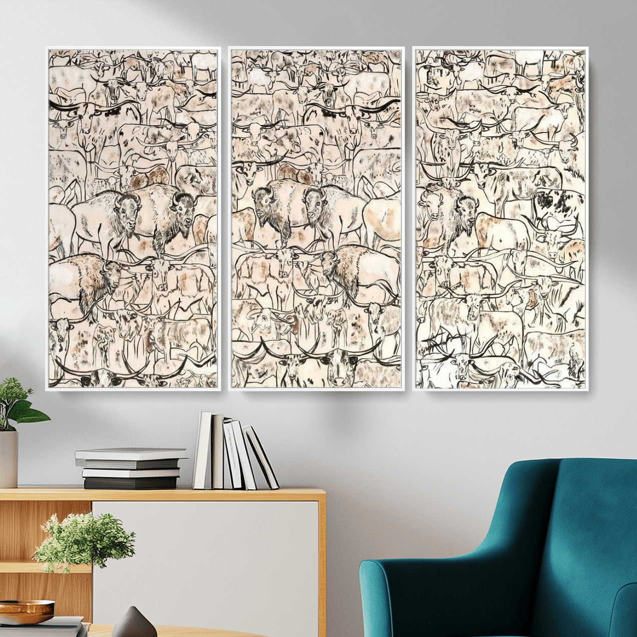 36925875-MGV-CV-36X24 - Farmhouse Animals Wall Art Canvas Print - Abstract Farm Animal Drawing Mid-Century Wall Art for Cabin Decor