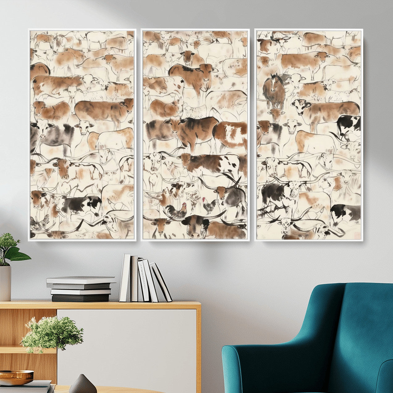 69961368-MGV-CV-36X24 - Farmhouse Animals Wall Art Canvas Print - Abstract Farm Animal Drawing Mid-Century Wall Art for Cabin Decor