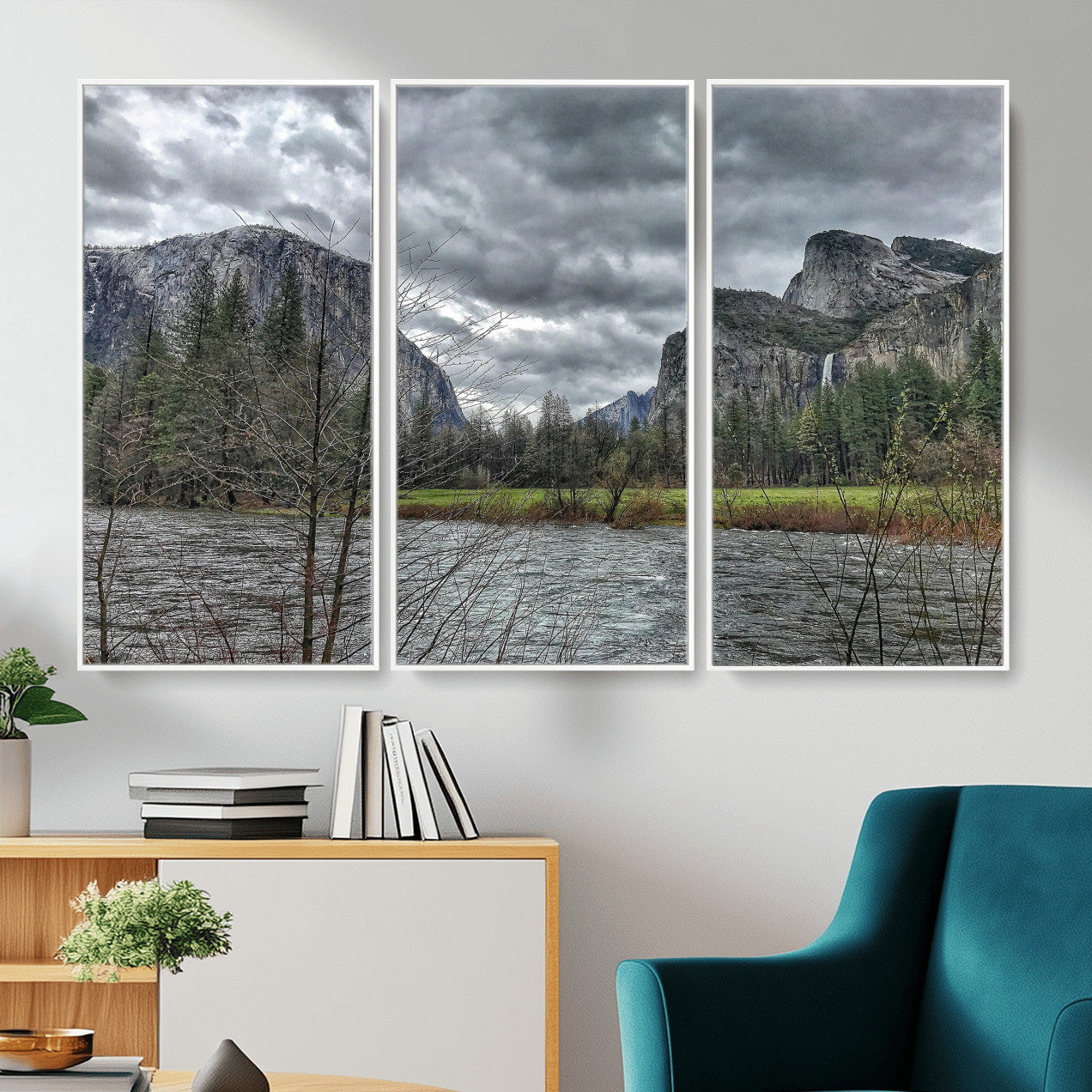 75582552-MGV-CV-36X24 - Yosemite Valley River Landscape Wall Art Canvas Print, Granite Cliffs Forest River Canvas Print, California National Park Moody Scenic Art Printi