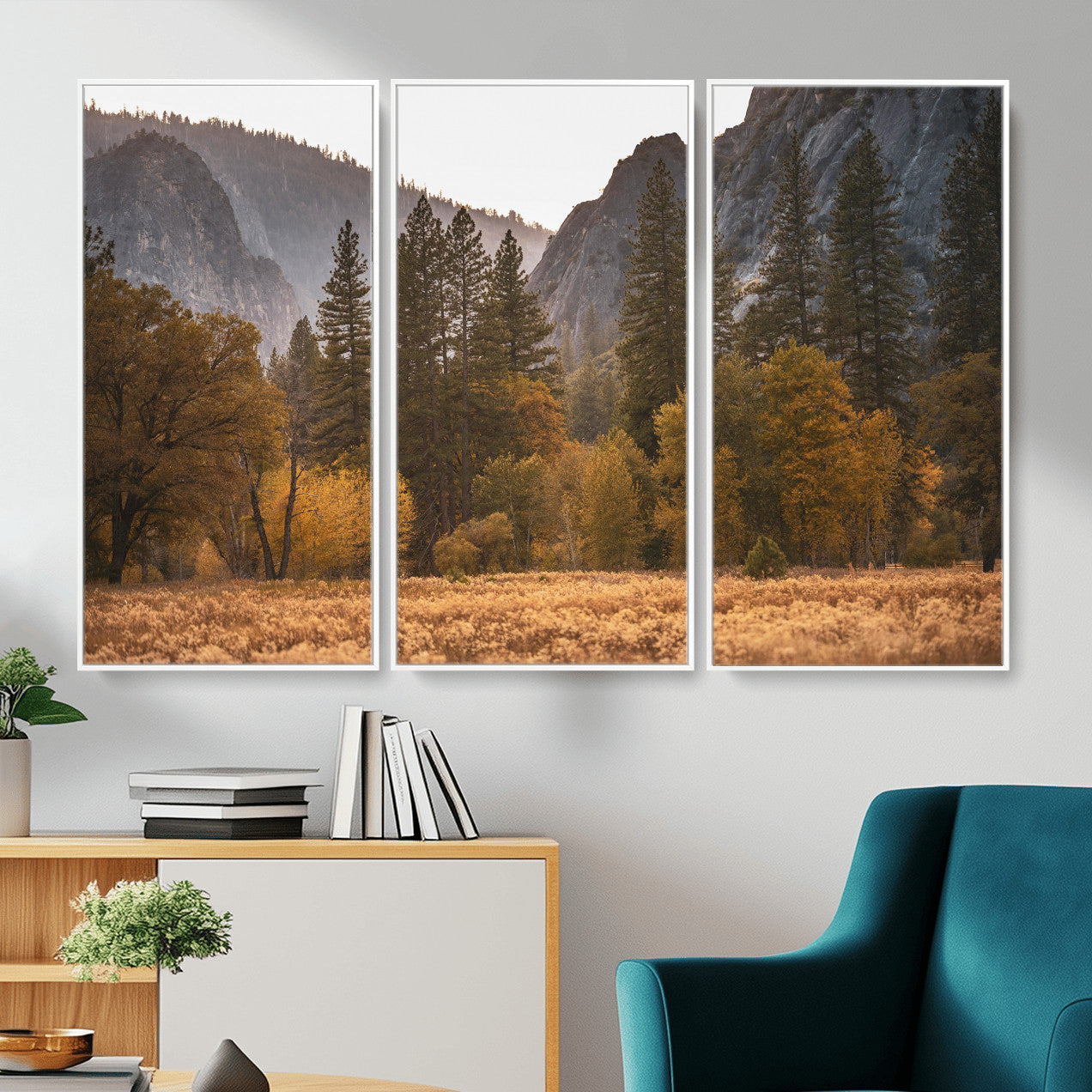 61682763-MGV-CV-36X24 - Yosemite Valley Autumn Forest Landscape Wall Art Canvas Print, Granite Mountain Pine Trees Canvas Print, California National Park Fall Scenic Art Printing