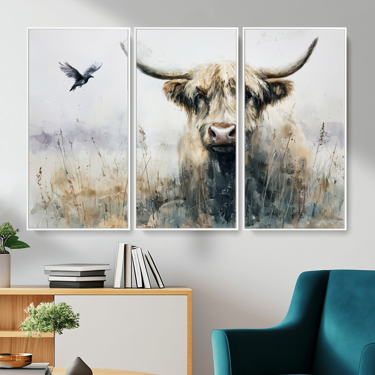 55652651-MGV-CV-36X24 - Abstract Highland Cow Watercolor Animal Wall Art Canvas Print, Rustic Farm Cattle Portrait Canvas Print, Neutral Wildlife Farmhouse Art Printing