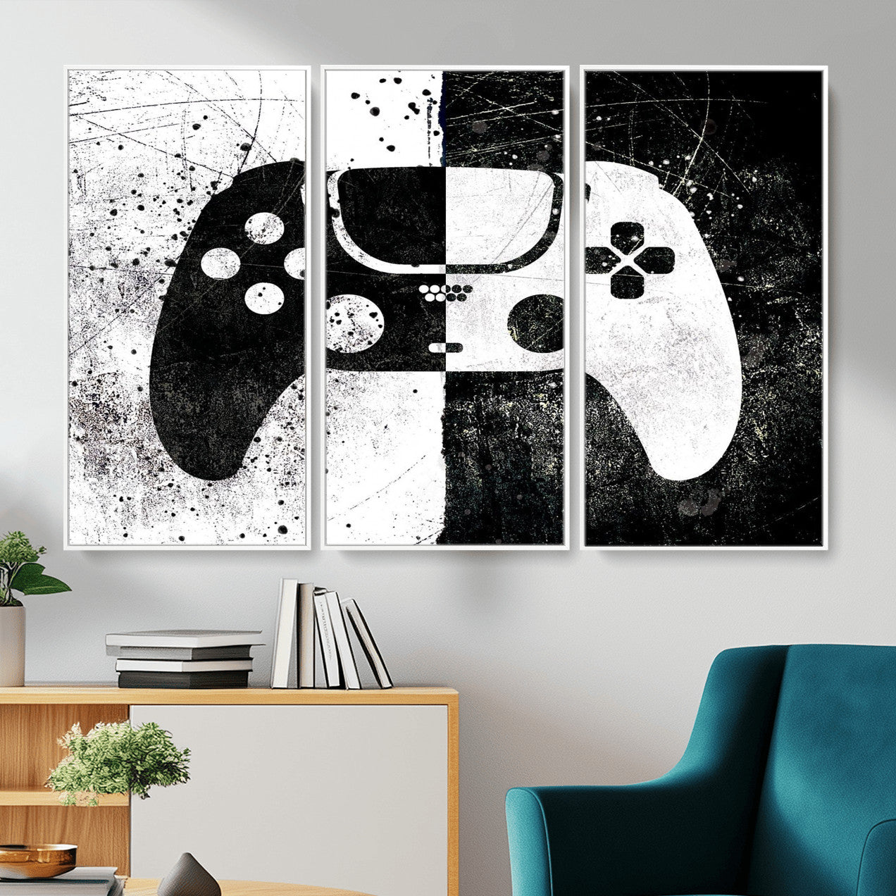 17525128-MGV-CV-36X24 - Abstract Gaming Controller Wall Art Canvas Print, Black White Video Game Controller Modern Canvas Print, Minimal Gamer Graphic Art Printing
