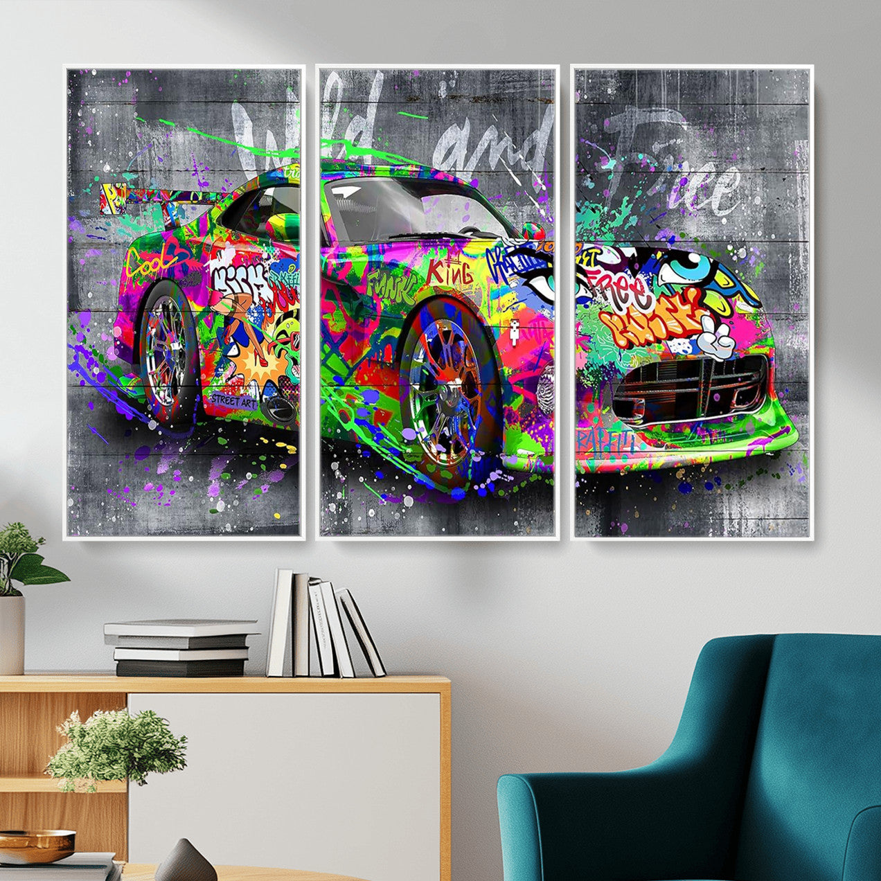 95314968-MGV-CV-36X24 - Graffiti Sports Car Street Art Wall Art Canvas Print, Colorful Urban Supercar Pop Art Canvas Print, Modern Graffiti Car Contemporary Art Printing