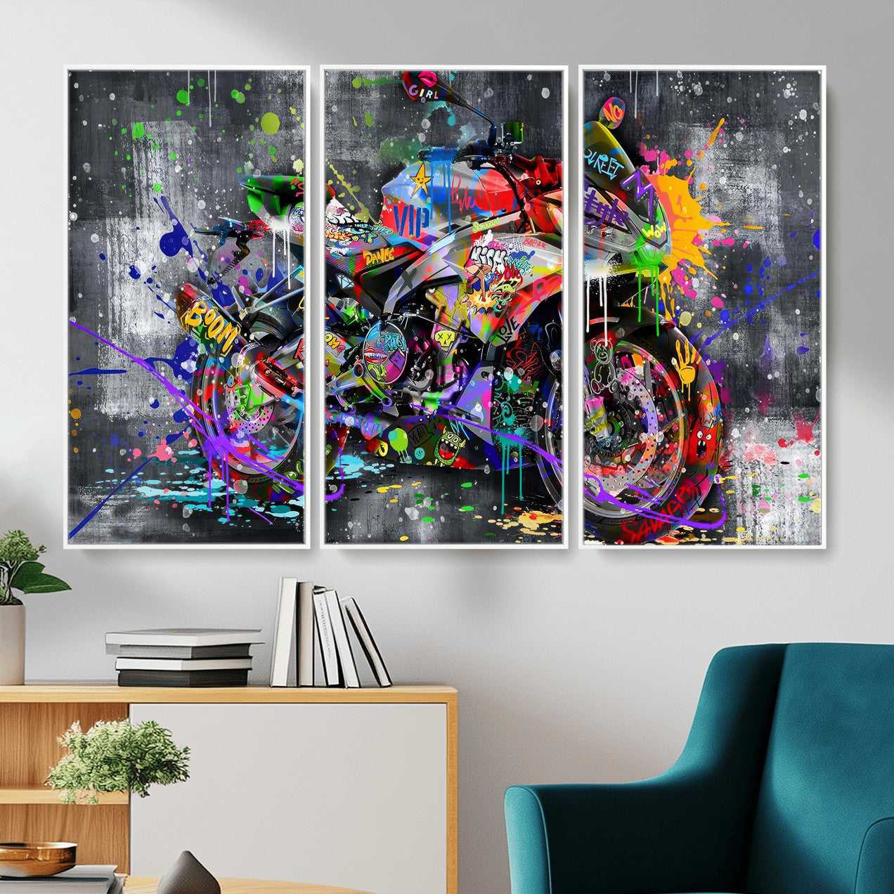 83021767-MGV-CV-36X24 - Graffiti Motorcycle Wall Art Canvas Print, Urban Street Art Motorbike Decor, Colorful Graffiti Sports Bike Artwork