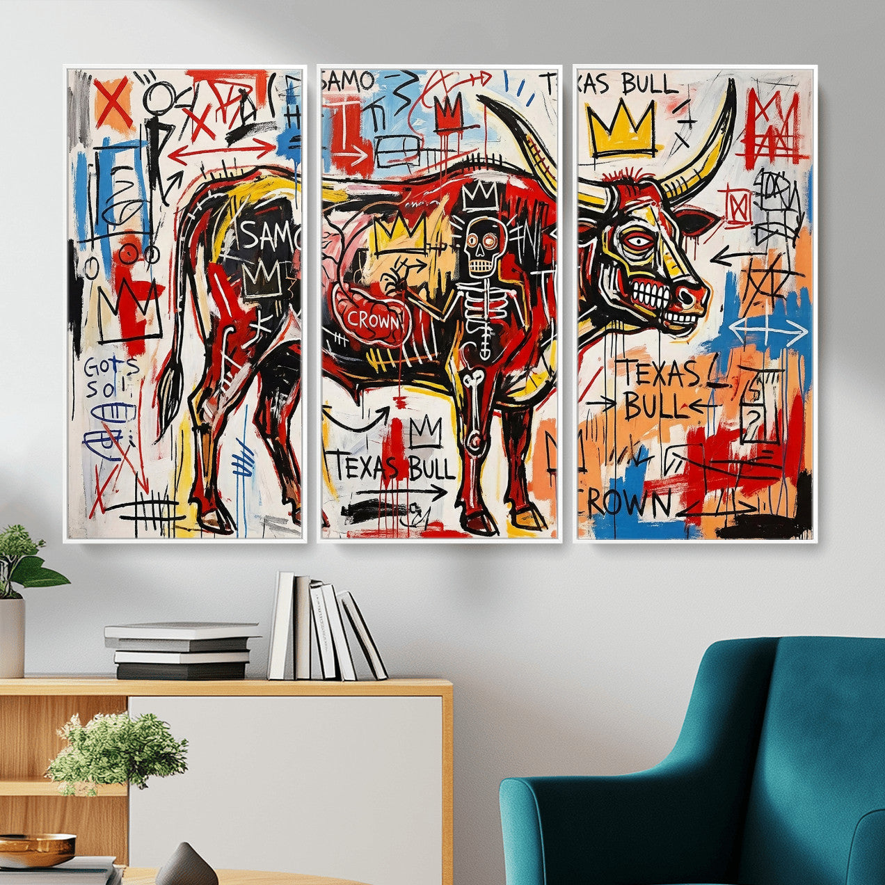 89504579-MGV-CV-36X24 - TITLE: Texas Bull Wall Art Canvas Print, Abstract Graffiti Bull Painting, Western Animal Art, Modern Ranch Decor